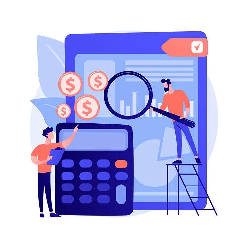 Audit service assistance. Financial report, bookkeeping analysis, company finances management. Financier making corporate expenses assessment. Vector isolated concept metaphor illustration